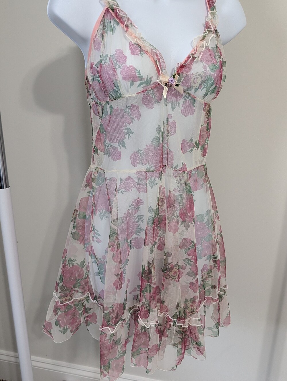 Sheer Floral Babydoll Dress - Pink Rose Print